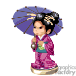 The image features an animated character depicted as a young girl or woman in traditional Japanese attire, possibly a kimono. She has her hair styled in a manner typical for such traditional dress, accessorized with hair ornaments. She is holding an umbrella and has a peaceful expression on her face. She seems to be standing on a platform or a low pedestal.
