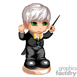 The image is an animated clipart of a character with white hair and green eyes, wearing a black suit and a bow tie, holding a wand, and appearing to be standing on a small pedestal or platform. This character resembles a magician or a conductor.