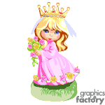 The image depicts an animated clipart of a young princess. She has blonde hair and is wearing a pink dress with rose decorations, a golden crown, and is holding a bouquet of roses. The princess stands on a patch of green, possibly grass, with a few additional roses scattered at her feet.