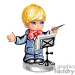 The clipart image features a cartoon character of a young boy with blond hair. He is standing behind a music stand and is holding a conductor's baton in his right hand. He is giving a thumbs-up with his left hand. The boy is wearing a blue suit, a white shirt, and a red bow tie.