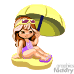 The image shows a cartoon of a young girl sitting on the beach. She's wearing a purple one-piece swimsuit and purple flip-flops, with sunglasses pushed up onto her head. She's holding a yellow and green-striped beach umbrella over her shoulder for shade.