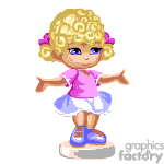 The image is an animated clipart of a young girl with curly blonde hair adorned with pink flowers. She is wearing a pink t-shirt, blue skirt, and blue shoes with white soles. She appears to be in a standing pose with both arms outstretched and a smile on her face.