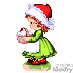 The clipart image depicts a young girl wearing a Christmas hat and a green dress with red accents. She is carrying a basket that appears to be holding candy canes, suggesting that she might be gathering or distributing holiday treats.