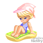The clipart image depicts an animated character of a young girl with blonde hair, wearing a pink sun hat and a blue swimsuit. She is sitting on a green and yellow beach mat.