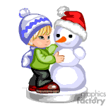 The clipart image depicts a cartoon of a child wearing a green sweater, a striped hat, and ice skates, building a snowman wearing a Santa hat.