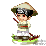 The image is a clipart depicting a stylized cartoon character of a farmer. The character is wearing traditional East Asian farming attire, which includes a conical hat (commonly known as a rice hat), a short-sleeved shirt, and pants.