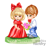 The clipart image depicts two animated children, a girl and a boy. The girl is dressed in a red dress with a large red bow in her hair, and the boy is wearing a blue outfit with a red bow tie. The boy is kneeling and presenting a bouquet of pink flowers to the girl. They appear to be standing on a patch of grass.