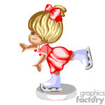 This clipart image features a cartoon of a young girl figure skating. She is wearing a red dress with a red bow in her hair and white ice skates. Her posture suggests she is performing a skating move or dance.