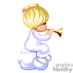 The image depicts an animated character, which appears to be a young angel or cherub. The character has blond hair and is dressed in a white, cloud-like robe. The angel is sitting and playing a golden horn instrument.
