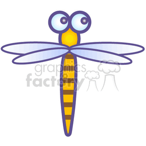 The image is a cartoon illustration of a dragonfly. The dragonfly has a long, striped yellow and orange body, large, protruding googly eyes, and two pairs of translucent purple wings.