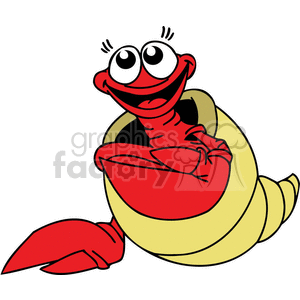 This clipart image shows a cartoon of a red hermit crab with a cheerful expression, popping out of a yellow shell. The crab has large, expressive eyes and its left claw is visibly crossed over its chest, lending to its playful and funny appearance.