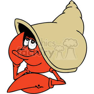 This clipart image features a comical hermit crab character. The hermit crab is shown with a big, cheerful smile, large cartoonish eyes, and a sandy-colored, spiraled shell. Its bright red body and claws are stylized with simple lines to convey the classic features of a hermit crab in a humorous and exaggerated manner.