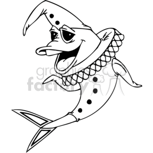 The clipart image features a funny cartoon fish dressed as a clown. The fish has typical clown adornments such as a ruffled collar, a conical hat, and polka dots on its body. It's depicted with a wide-open, smiling mouth, which adds a humorous touch to the cartoon.