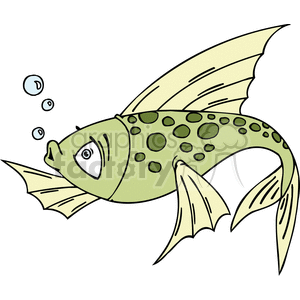 The clipart image shows a stylized fish with a surprised or confused expression on its face. The fish is green with darker green spots on its body and light yellow fins. It's blowing a few bubbles, which commonly indicates that the fish is underwater.