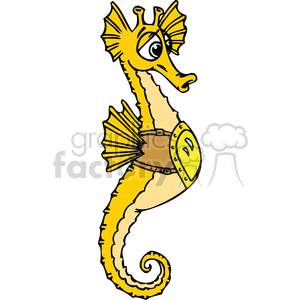 The image is a clipart of a humorous and stylized seahorse. The seahorse appears to have exaggerated features like big, round eyes and fins that resemble wings. With its vibrant yellow and cream colors, and the quirky expression on its face, the seahorse has a playful cartoony look. It is also wearing a brown belt-like band around its midsection with a yellow circular object resembling a buckle.