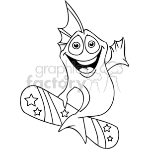 This is a black and white clipart image of a comical, anthropomorphic fish standing on a wakeboard. The fish displays a joyful expression with pronounced, large eyes and a big open mouth smile, emphasizing its playful character. The wakeboard under its fins has decorative stars on it, suggesting it's designed for fun or sporty activities.