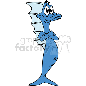 The clipart image features a cartoon fish with humanoid characteristics. The fish has a blue body and stands upright on its tail. It has large, expressive eyes and a fin that resembles a hairstyle on the top of its head. The fish's fins are positioned on its sides like arms and are crossed over one another in a human-like pose. Additionally, the fish has a surprised or bewildered expression on its face.
