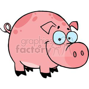 The image is a cartoon of a pig with big eyes, a curly tail, and a big smile. The pig is facing forward and has two large eyes with black pupils. Its mouth is curved in a cheerful smile. 