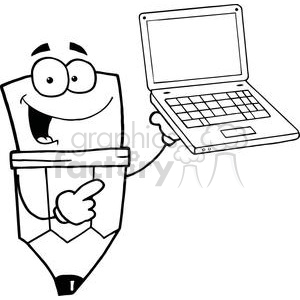 Pencil Cartoon Character Presents Laptop