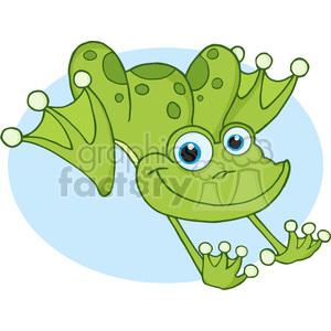 The clipart image features a cartoon-styled, whimsical green frog. The frog has large, expressive blue eyes and a playful, wide smile. With a spotted back and webbed feet typical of amphibians, the frog gives the impression of being friendly and ready to jump. Its limbs are outstretched as if it's gliding or leaping through the air. The background is a simple blue gradient circle that suggests the frog is against the sky or water.