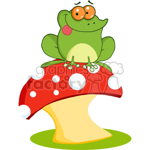 The clipart image features a cartoon frog with a playful, slightly dazed or funny expression sitting on top of a large red mushroom with white spots. The mushroom is stylized and resembles the iconic 'fly agaric' Amanita muscaria. The frog appears to be green with a lighter belly, and it has large, round, orange eyes with a happy grin. There is a grassy patch under the mushroom.