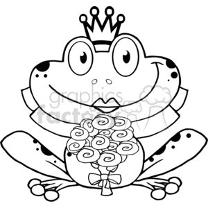 The clipart image features a humorous depiction of a frog dressed as a bride. The amphibian character is adorned with a crown atop its head, symbolizing royalty or a bridal tiara and is holding a bouquet of roses, suggesting wedding nuptials. The frog has large, round eyes and a happy expression, enhancing the comedic aspect of the illustration.