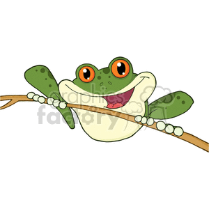 The image is a cartoon of a happy, funny-looking frog perched on a branch, smiling broadly with big, bright orange eyes. The frog's legs are dangling, and it appears to be in a relaxed or joyful pose.