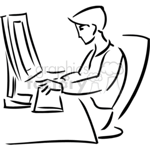 Black and white outline of a student typing at a computer 