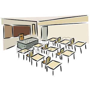 Cartoon classroom with desks and chairs 