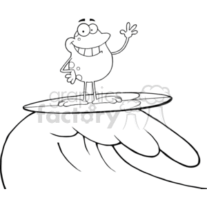 The clipart image displays a funny cartoon character resembling a frog. The frog is standing on a surfboard and appears to be riding a large wave. The character is waving cheerfully with one hand raised and has a big, friendly smile. The illustration is black and white, outlined, and has a casual, playful style.