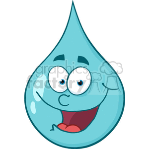 The image depicts a cartoonish, anthropomorphic water drop character. This character has large expressive eyes, a smiling mouth with a tongue sticking out, creating a funny and playful expression. The water drop is a stylized representation typically seen in educational materials, children’s content, or marketing materials related to water, hydration, or conservation.