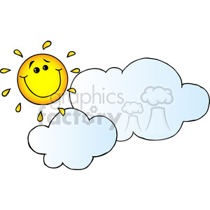 12893 RF Clipart Illustration Smiling Sun Behind Cloud Cartoon Character