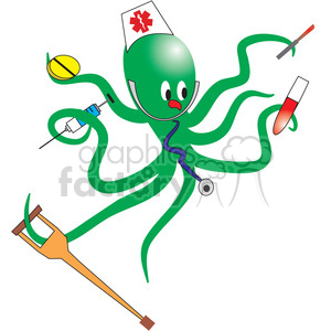 This is a whimsical clipart image featuring an octopus with various medical tools and symbols. The octopus is green with a nurse's hat adorned with a red cross on its head. It's holding a yellow pill, a syringe, a stethoscope, a reflex hammer, and a test tube with red liquid which is likely to represent blood. This creative representation seems to suggest the octopus as a multi-tasking medical professional or nurse.