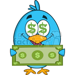 8837 Royalty Free RF Clipart Illustration Happy Blue Bird Cartoon Character Showing A Dollar Bill Vector Illustration Isolated On White