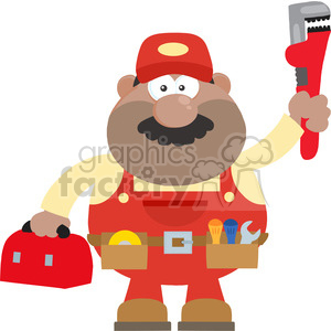 8541 Royalty Free RF Clipart Illustration African American Mechanic Cartoon Character With Wrench And Tool Box Flat Style Vector Illustration Isolated On White