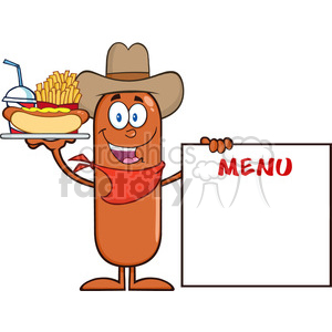 8498 Royalty Free RF Clipart Illustration Cowboy Sausage Cartoon Character Carrying A Hot Dog, French Fries And Cola Next To Menu Board Vector Illustration Isolated On White