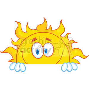 Royalty Free RF Clipart Illustration Smiling Sun Cartoon Mascot Character Over A Sign Board