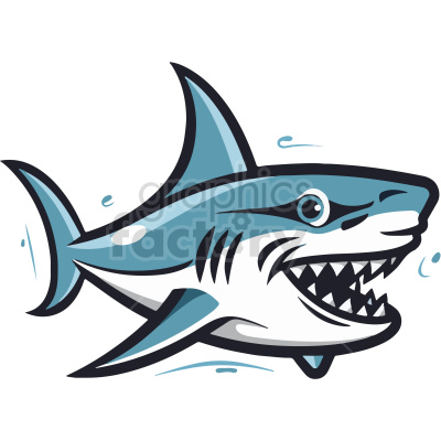 The image is a stylized clipart illustration of a shark. The shark is depicted with a dynamic and somewhat cartoonish appearance, featuring prominent sharp teeth, a large eye, and an expressive face. It appears to be swimming with its body angled, and there are a few simple water lines indicating movement.