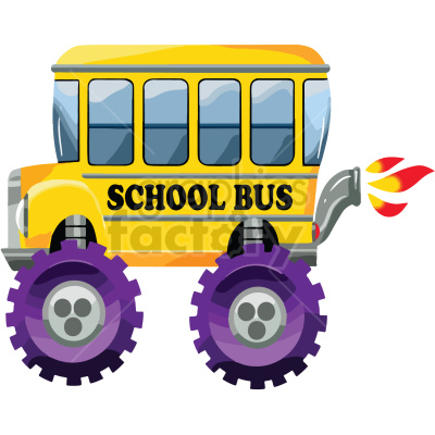 The clipart image depicts a cartoon illustration of a racing school bus. The school bus is designed in a stylized and exaggerated manner, featuring racing elements such as a big exhaust with flames coming out of it and monster truck-style wheels. The image humorously combines the concept of a traditional school bus with the idea of a high-speed racing vehicle.
