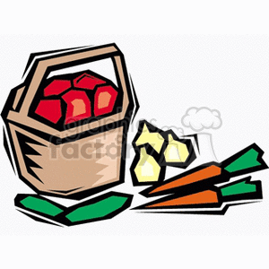 The clipart image features a collection of vegetables. There is a brown handled basket that appears to contain red tomatoes. Outside the basket, there are other vegetables including a group of carrots with green tops, a couple of cucumber-like vegetables also with green tops, and what could be interpreted as slices of onions or possibly a peeled vegetable with a yellow interior.