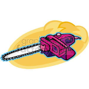 This is a stylized image of a purple and pink chainsaw with a sharp blade on a yellow and orange background. The chainsaw appears cartoonish and could be used for various design purposes related to tools, cutting, agriculture, or forestry.
