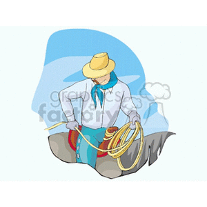 The clipart image features a cowboy in traditional western attire, with a hat, bandana, and gloves, holding a lasso. He appears to be ready for roping, a common activity in the sport of rodeo and in cattle herding. The image conveys a theme related to agriculture, specifically livestock management and cowboy culture.