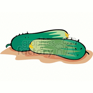 The clipart image shows two green cucumbers. The cucumbers are depicted in a stylized manner, typical for clipart, with some accentuated features such as the yellow blossoms on one end, indicating that they are freshly picked or still growing. The vegetables appear to be resting on a patch of soil, suggesting a garden context.