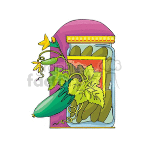 The clipart image depicts a canning jar filled with pickled cucumbers. There is a vine of cucumbers with leaves and flowers attached to one fresh cucumber outside the jar, suggesting the transformation from fresh vegetable to preserved food. 