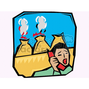 This clipart image depicts three hay bales with flames coming out of the top, indicating that they are on fire. In the foreground, there's a person holding a phone to their ear, which suggests they are calling for help, perhaps dialing 911 due to the emergency situation. The background is blue, and the style is stylized and simplistic, typical of clipart. The person appears concerned and is likely a representation of a farmer who is dealing with a fire on their farm.