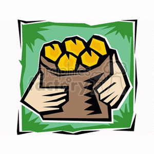 This clipart image features a brown basket or paper bag full of yellow fruits that may represent oranges or peaches, set against a green background with a stylized border.