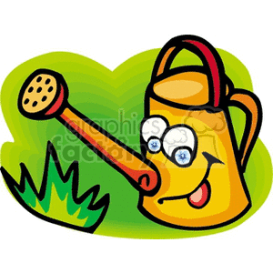 This clipart image features an anthropomorphic watering can with a smiling face and eyes, pouring water onto some greenery, which could be interpreted as grass or low-lying plants. The background shows stylized green shapes, suggesting foliage or a garden setting. The watering can has a red handle, a yellow body, and a brown spout with a showerhead.