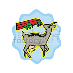 The image features a stylized cartoon of a goat standing on grass. The goat is depicted in profile and is gray with a darker stripe along its back and tail, lighter shades on its belly and legs, and it has yellow hooves and horns. Above the goat, there appears to be a floating red rectangle with green leaves, which could symbolize some type of food, like a morsel of food being offered, although the lack of context makes the exact meaning unclear.