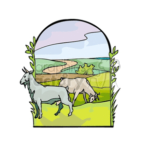 The clipart image depicts two goats in a field. One goat is standing and facing right, while the other is grazing on the grass. There are green fields around the goats, and in the background, there's a pastoral landscape with a path winding through the fields and a few trees. The scene is framed within a rounded arch, suggesting a pastoral and serene setting, typical of agricultural surroundings.