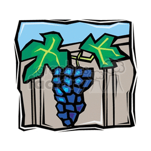 The clipart image depicts a stylized bunch of blue grapes hanging from a vine with green leaves against a background that suggests a wooden trellis or structure typical in a vineyard.